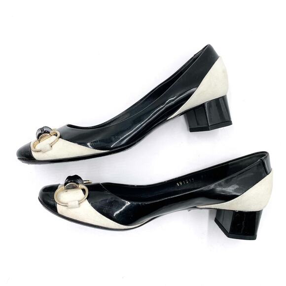 Gucci Patent Leather Pumps Black White Suede Bamboo Horsebit Low Heel Sz 37 / 7 - Picture 5 of 10